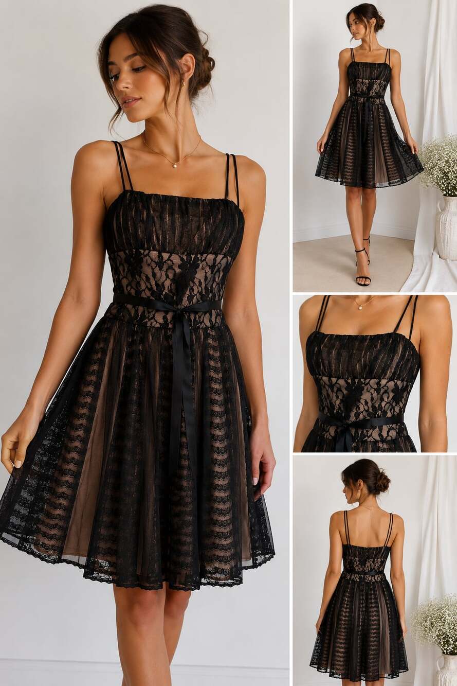 OC by OC Black Lace Overlay A-Line Mini Dress with Satin Ribbon Belt
